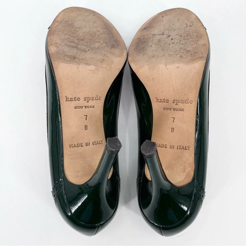 Kate Spade Rich Green Patent Leather Brogue Round Toe High Heels Size 7